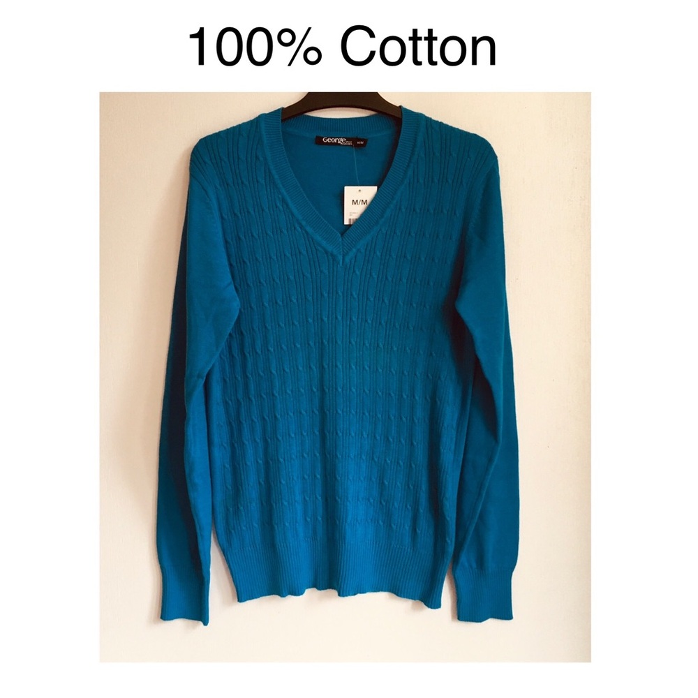 George 100% Cotton Sweater V-Neck Cable Knit Blue Size Medium